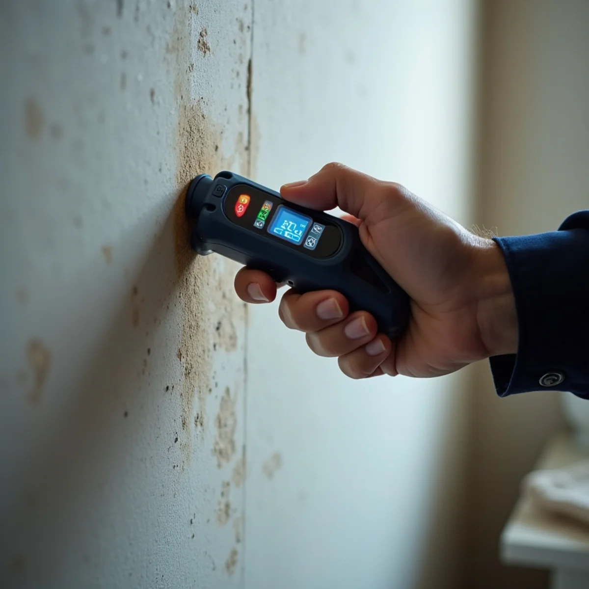 Technician pressing digital pinless moisture meter against smoke-damaged drywall