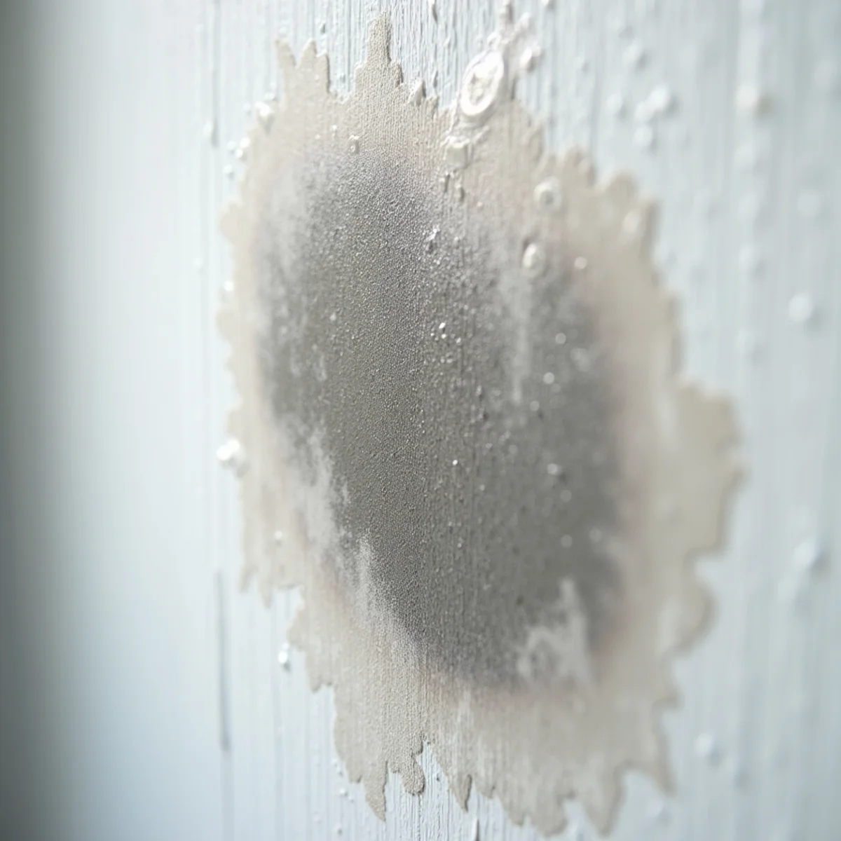 Close-up of smeared black soot stain caused by applying household wet spray to drywall