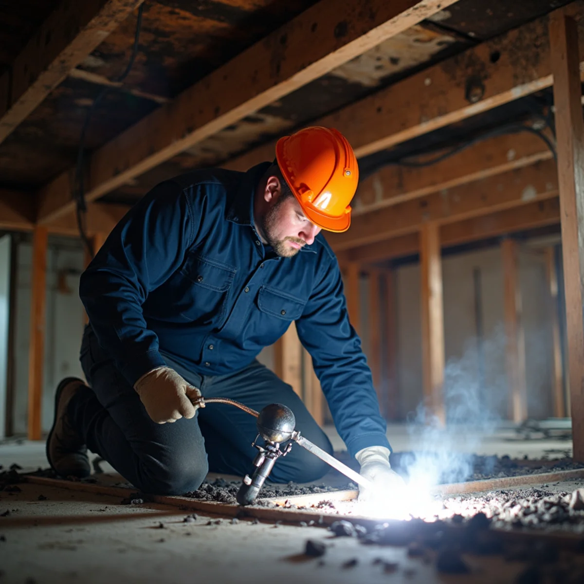 Restoration specialist inspecting damaged load-bearing joists for hidden structural compromise