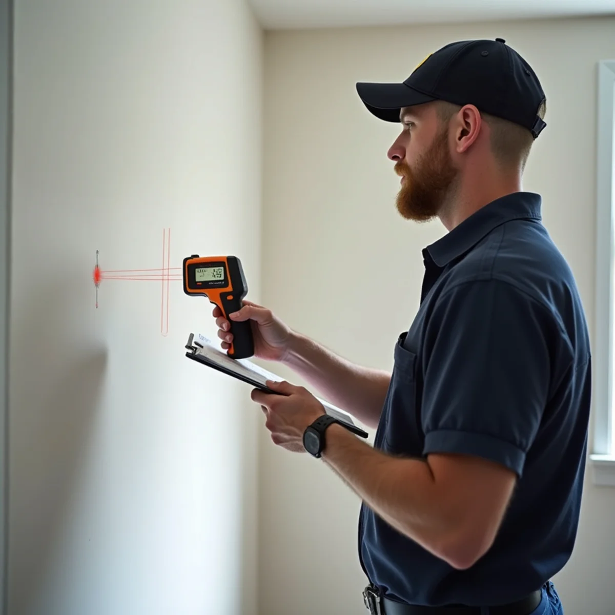 Restoration technician measuring soot-impacted square footage on living room ceiling