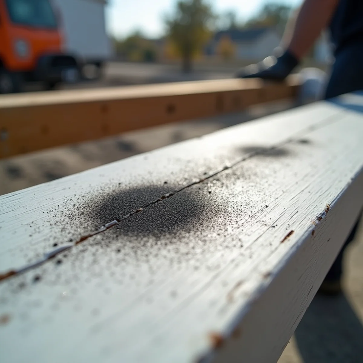 Close-up of fine powdery dry smoke soot on painted wood paneling substrate