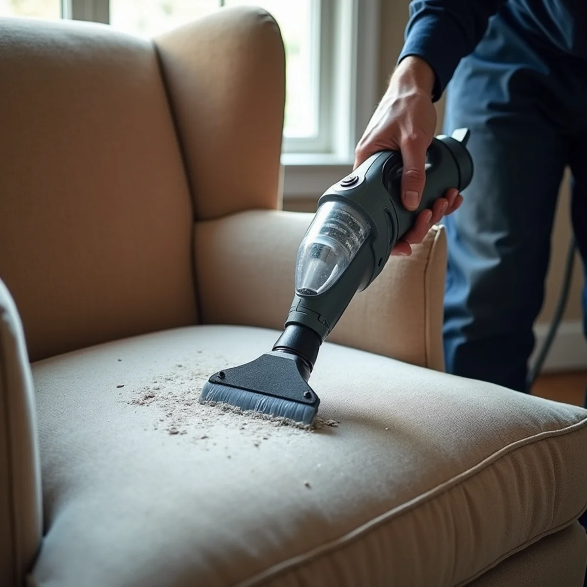 Specialized low-moisture upholstery cleaning tool lifting smoke residue from fabric armchair
