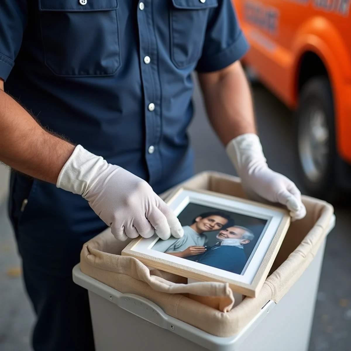Technician carefully sorting personal keepsakes from non-salvageable fire debris under bright work lights