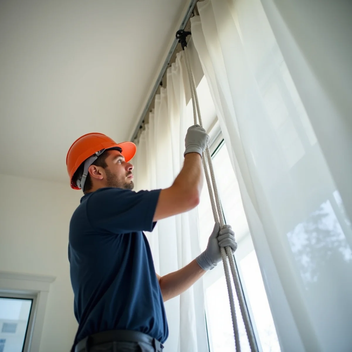 Crew member securing tension poles for heavy-duty dust and soot containment barrier