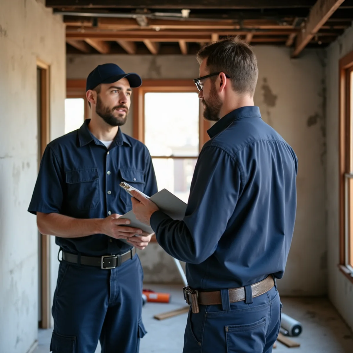 Restoration project manager and independent insurance adjuster reviewing fire scene together