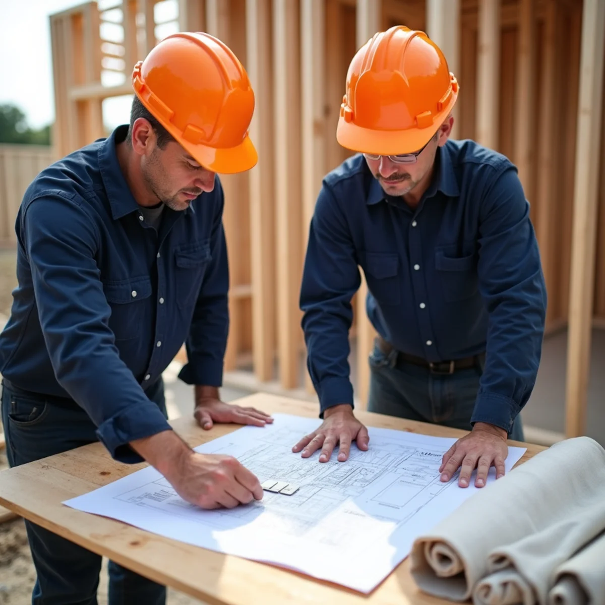 Village building inspector and project manager reviewing approved structural framing permits