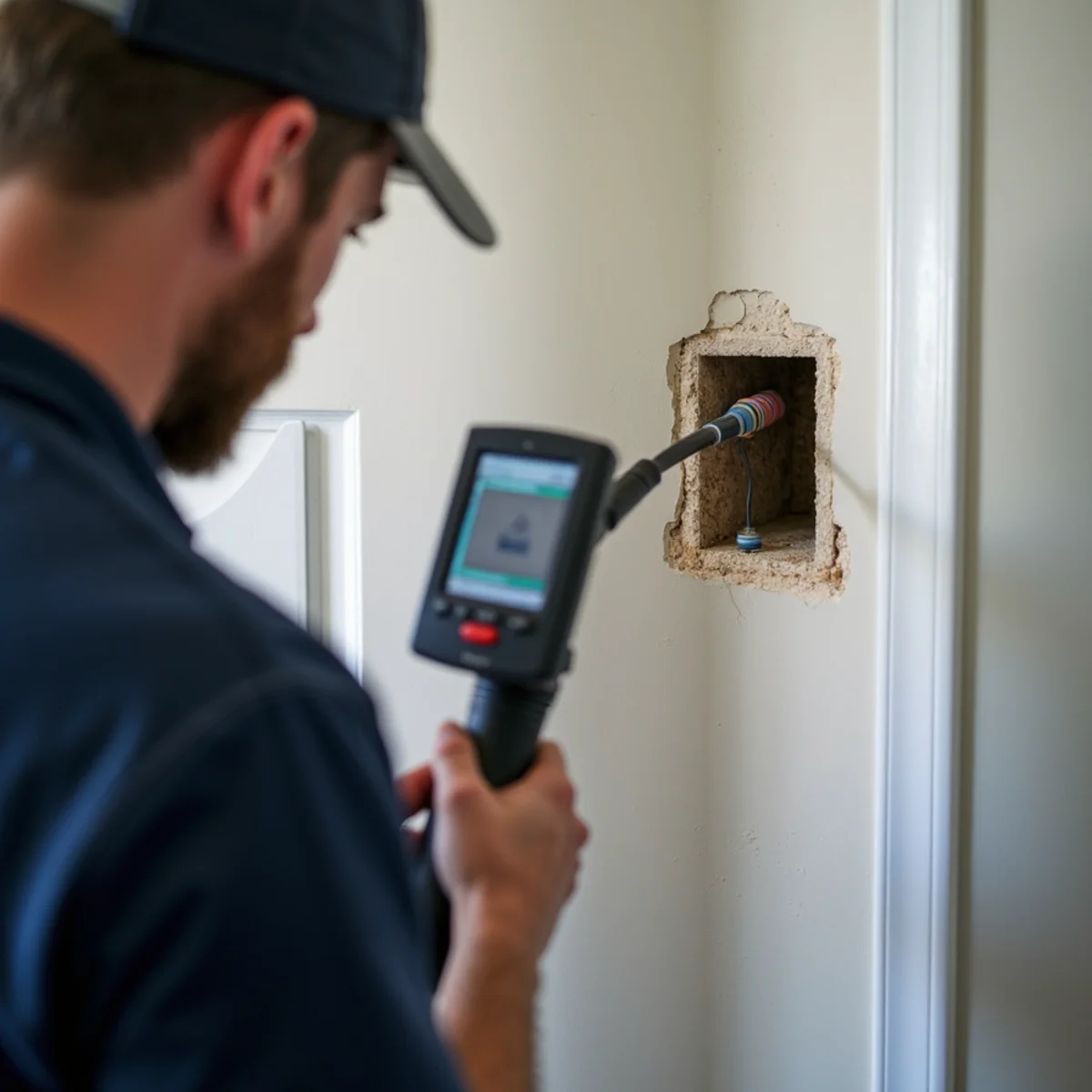 Technician testing air pressure differential in common utility chase between adjacent condominium units