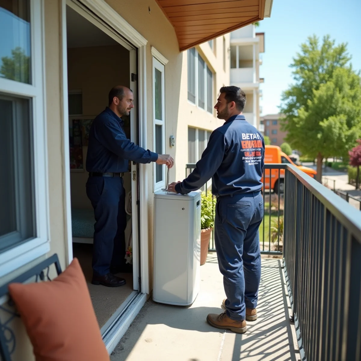 Negative air pressure duct exhausting purified air outside a condominium unit balcony door
