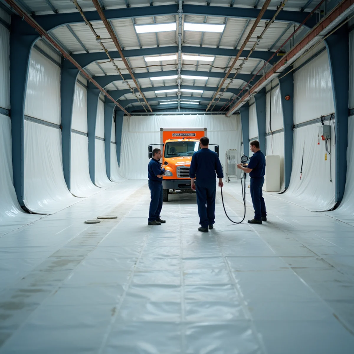 Heavy-duty poly containment barrier dividing commercial warehouse bays during soot remediation