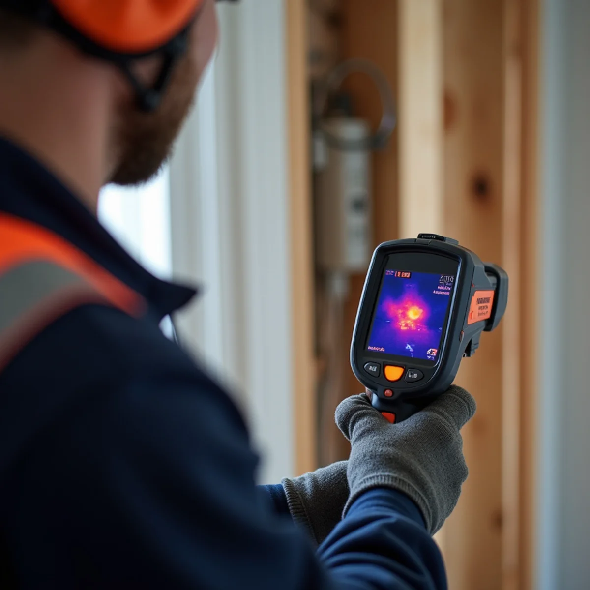 Technician scanning residential electrical conduits with a high-resolution thermal imaging camera
