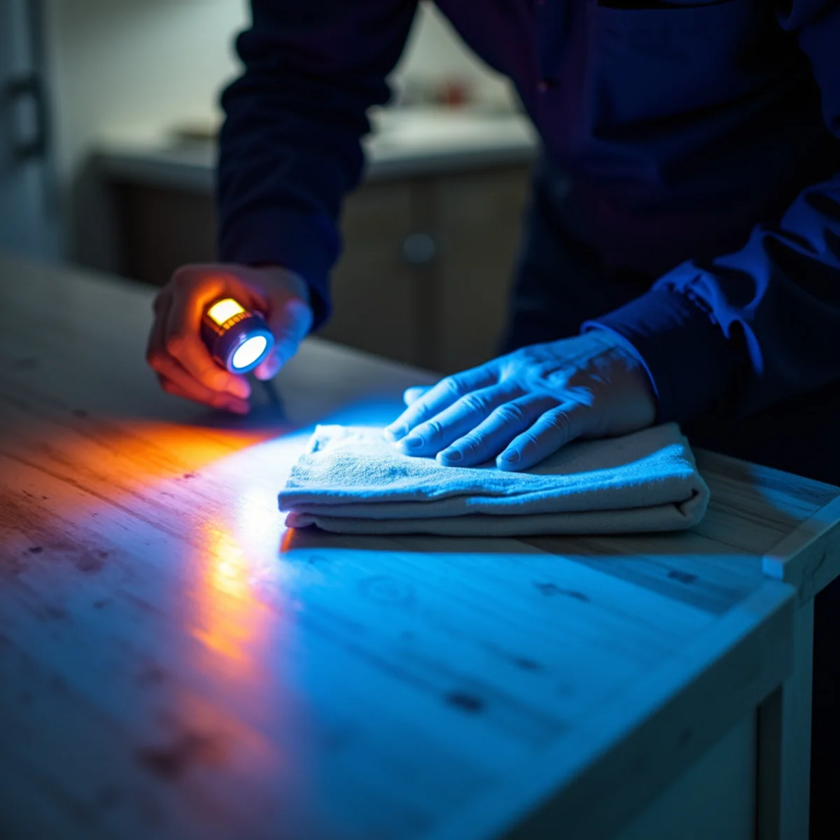 Technician examining invisible greasy protein smoke residue under ultraviolet UV inspection lamp