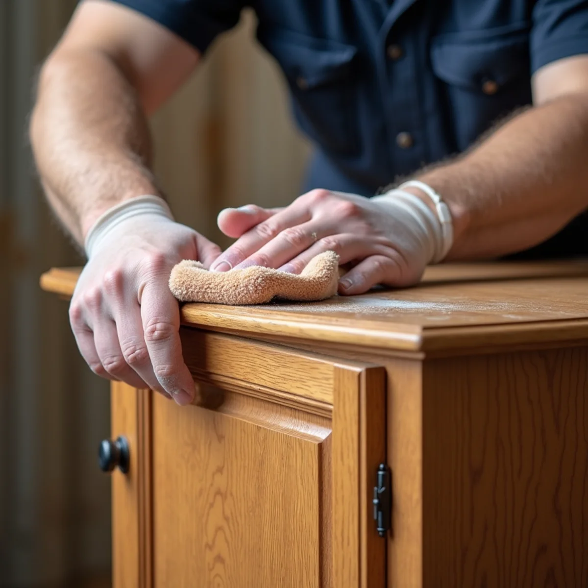 Detailed hand-cleaning of kitchen cabinets using specialized smoke degreasers and microfiber towels