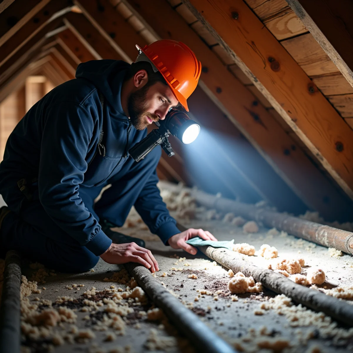 Technician inspecting scorched roof rafters and blown insulation in attic space after lightning strike