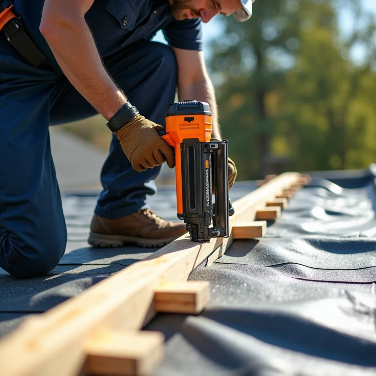 Restoration technician fastening 2x4 wood furring strips across heavy roof tarp seams