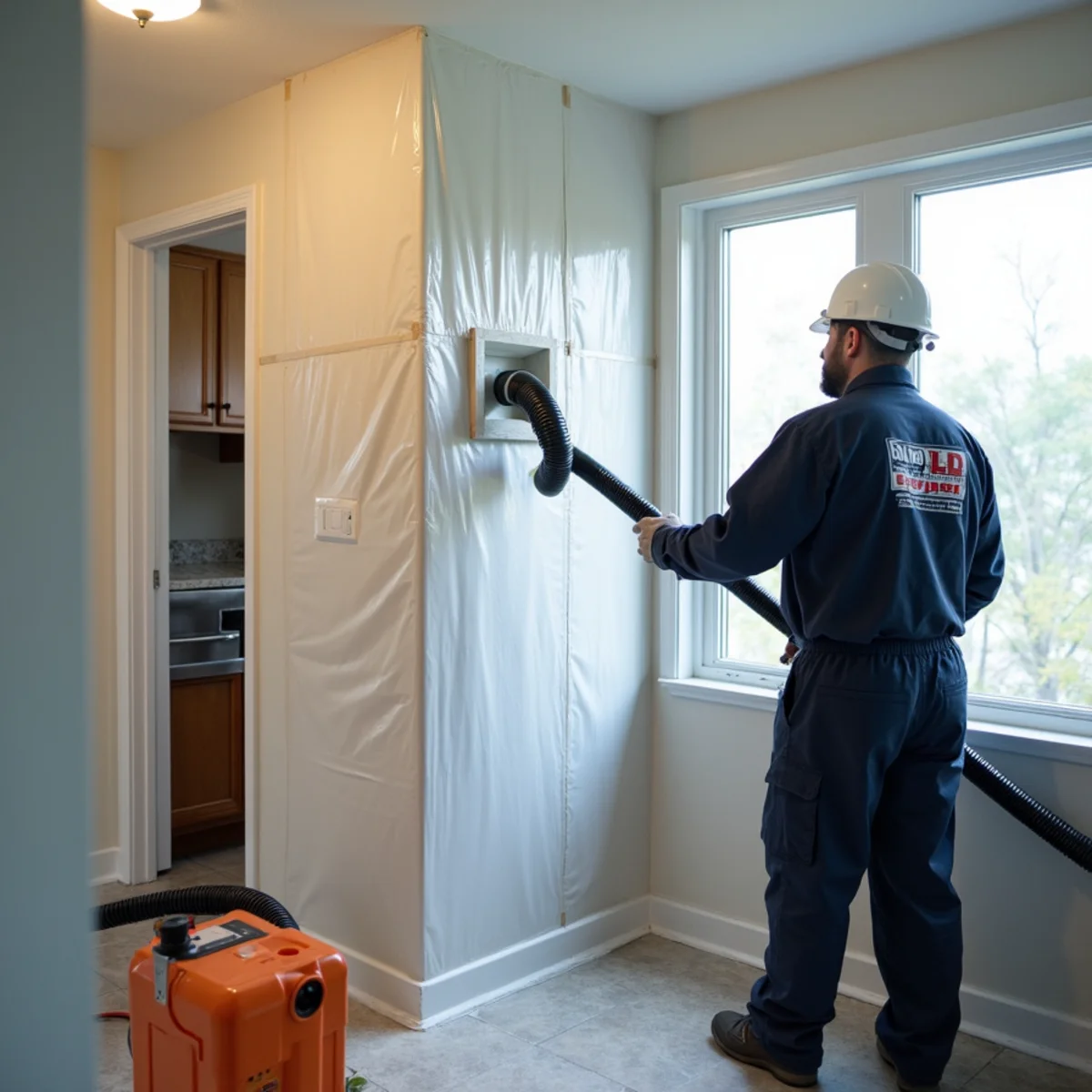 Multi-stage HEPA filtration and heavy plastic containment barrier erected across interior doorway