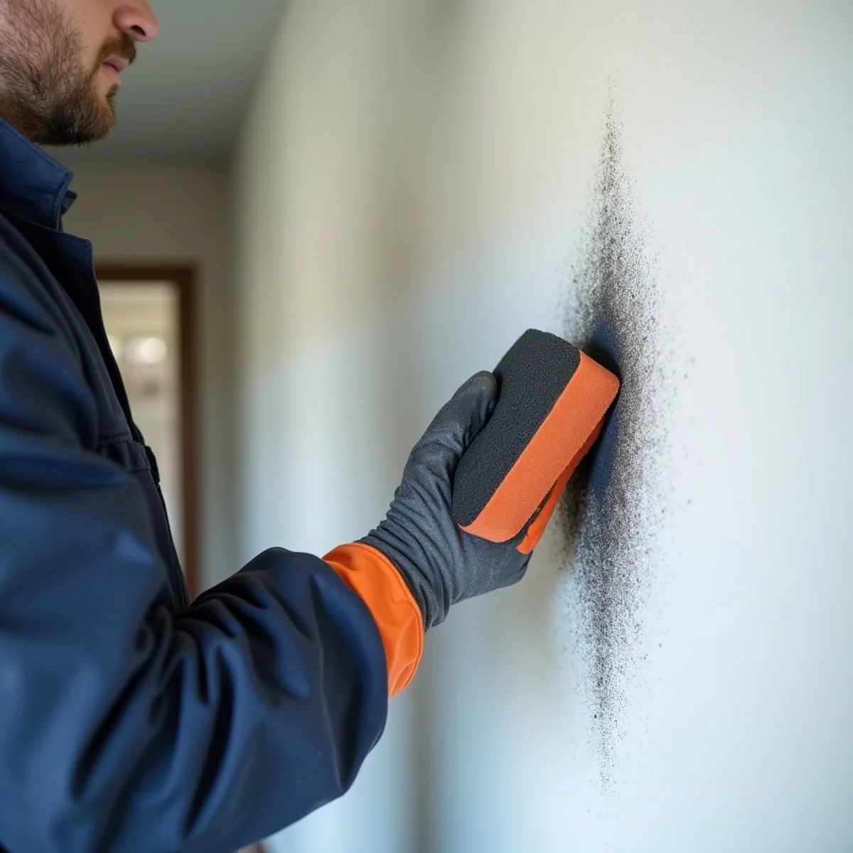 Restoration specialist using a vulcanized dry chemical sponge to lift black soot from a living room wall