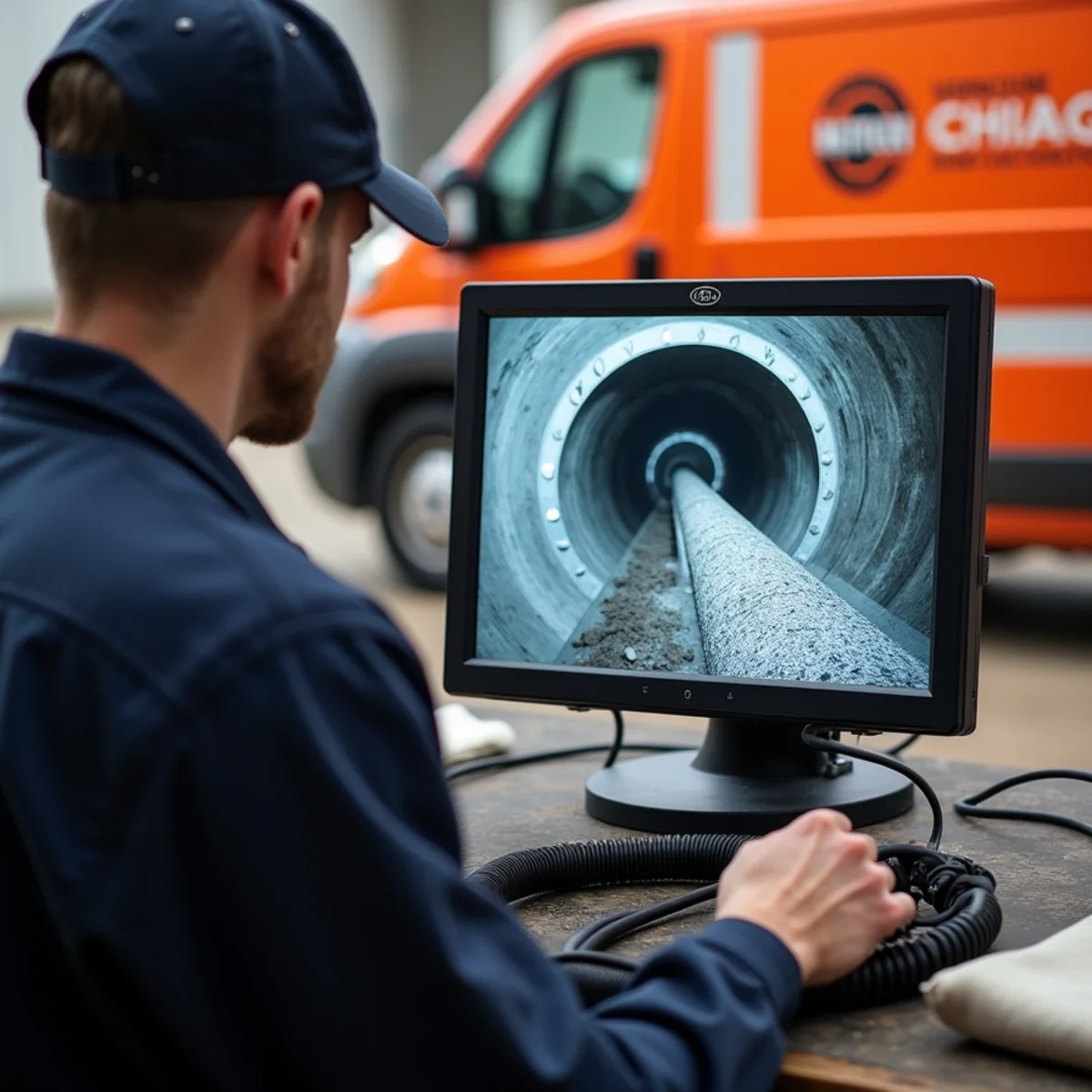 Technician examining interior ductwork soot lining on digital borescope video monitor