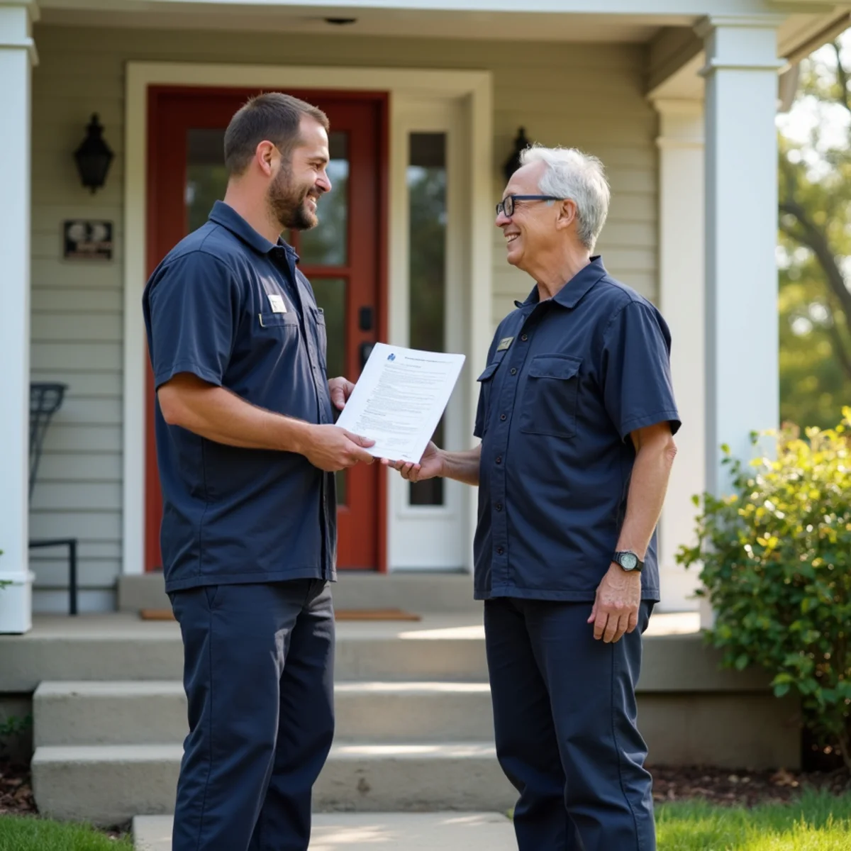 Satisfied Alsip homeowner and restoration lead technician reviewing completed fire restoration walkthrough