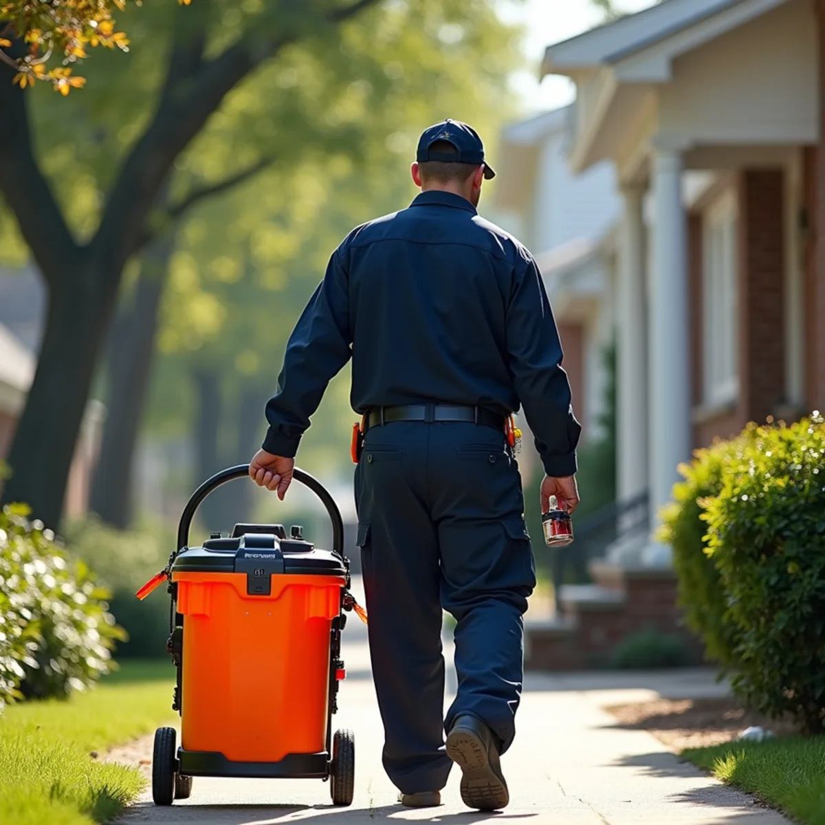 Restoration technician carrying HEPA air scrubber across lawn in Chicago Ridge