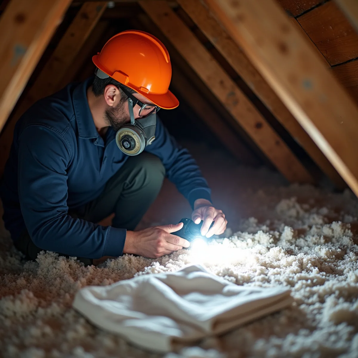 Technician inspecting blown-in insulation and roof decking in Oak Lawn ranch attic