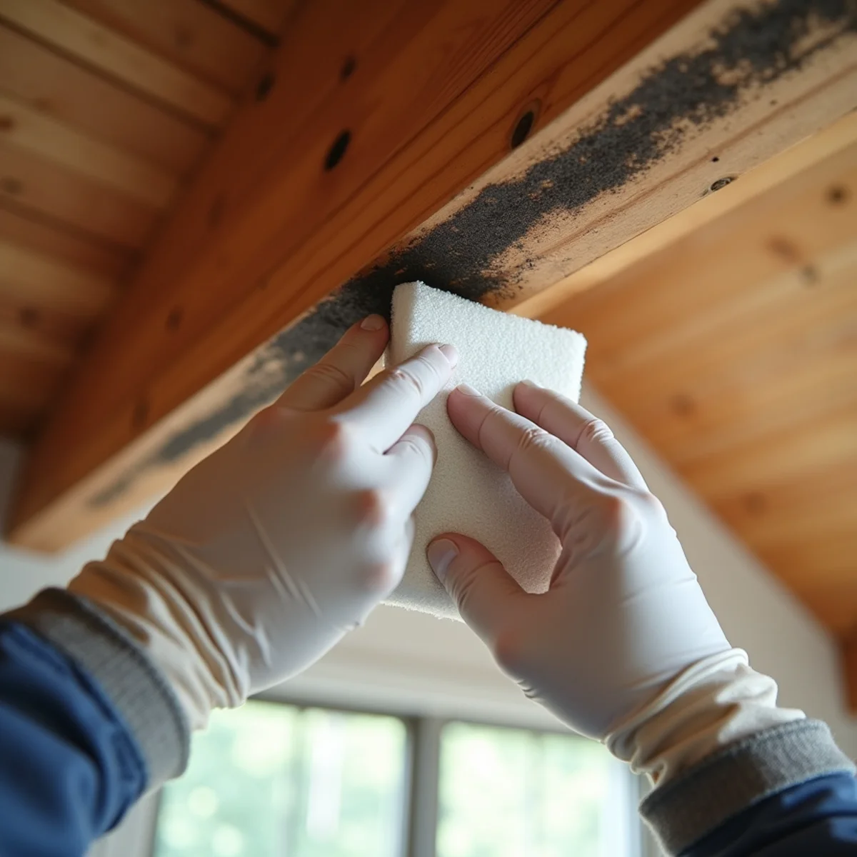 Close-up of technician lifting smoke film from painted cedar ceiling beam in Palos Heights