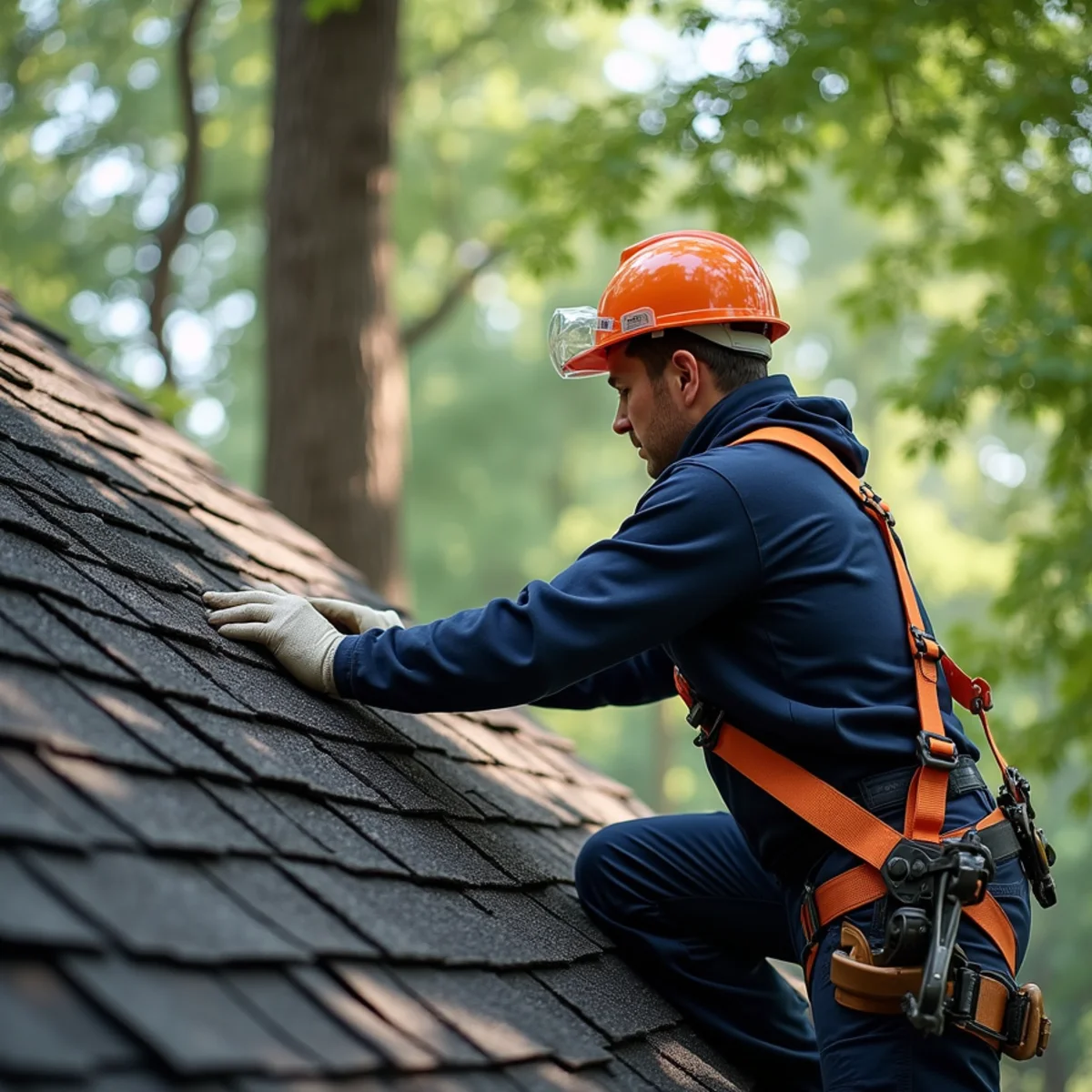 Technician inspecting roof timber damage from fallen tree branch and chimney fire in Palos Park
