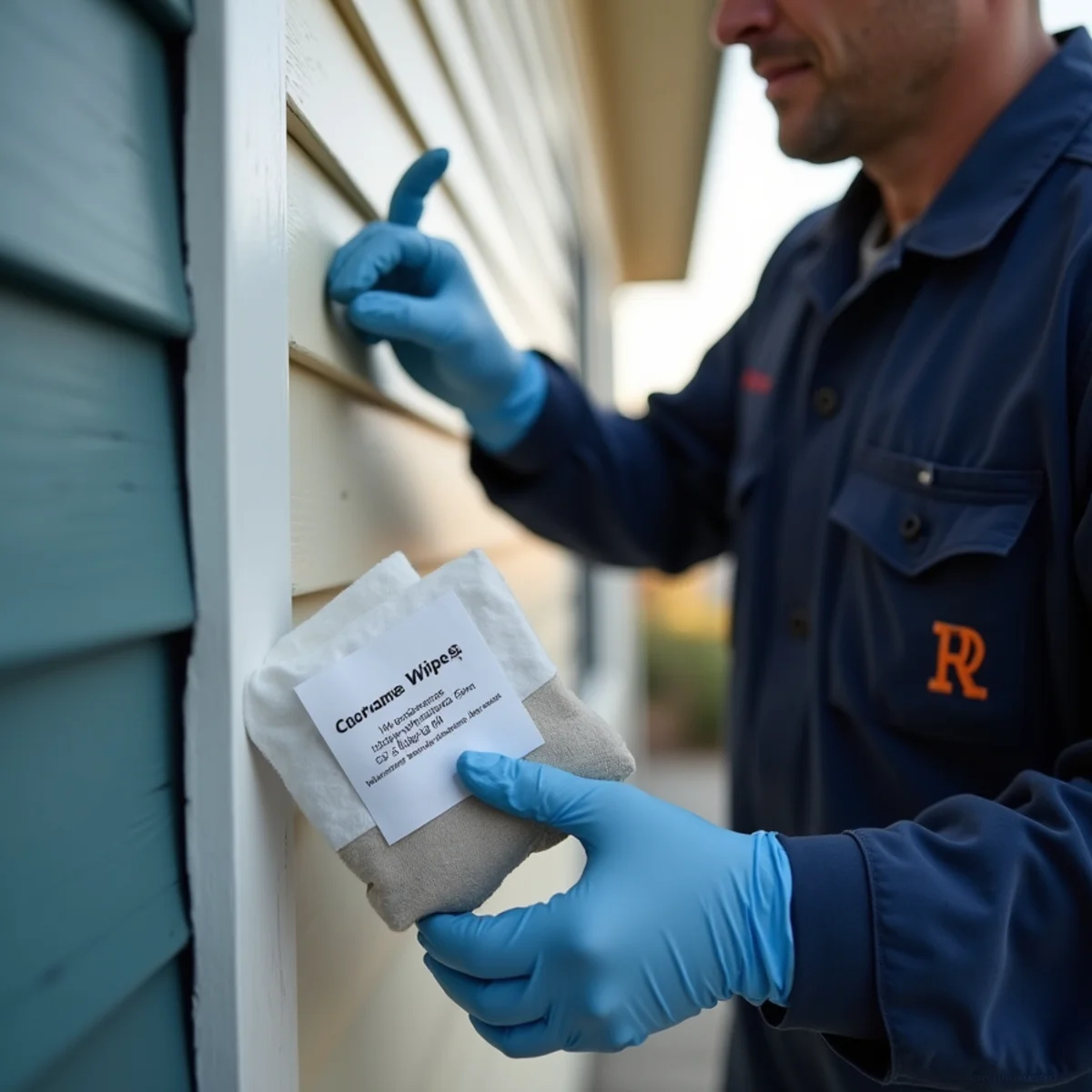 Technician swabbing oily chemical soot residue from painted siding in Posen