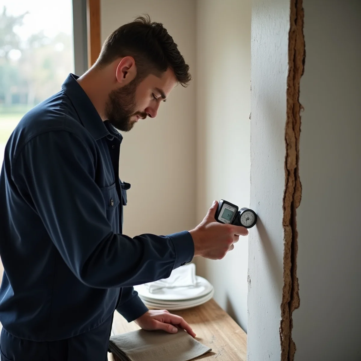Technician inspecting drywall firewall between attached garage and home interior in Worth