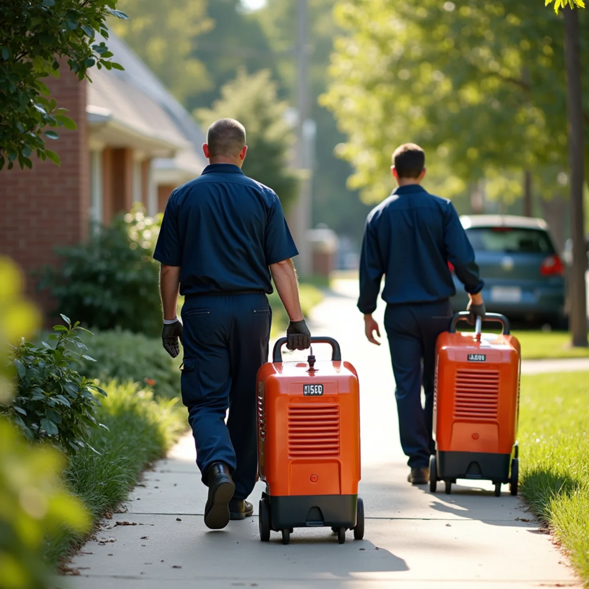 Restoration crew rolling commercial dehumidifiers up residential driveway in Worth