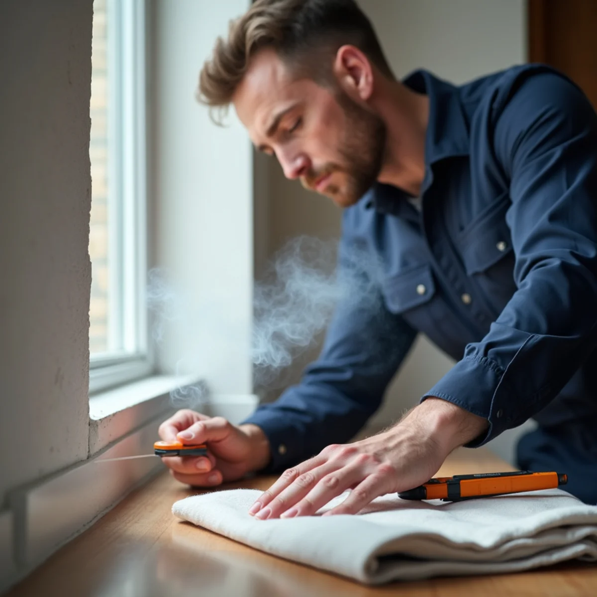 Technician testing smoke odor penetration inside enclosed wall cavity with smoke pencil