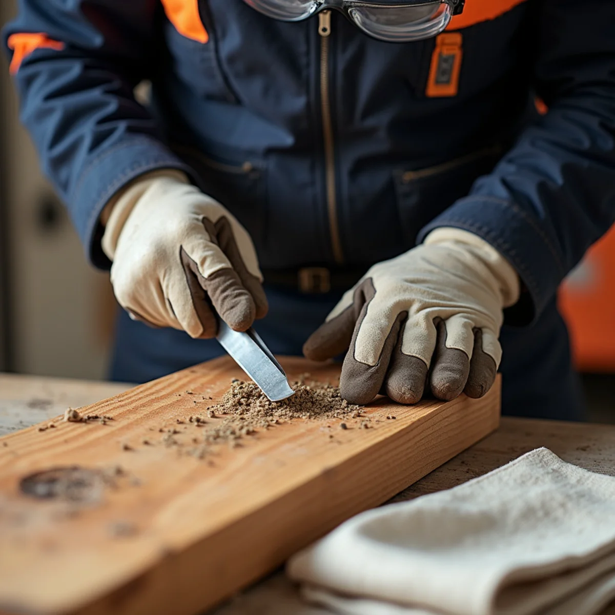 Technician mechanically removing blistered alligator char from roof truss members