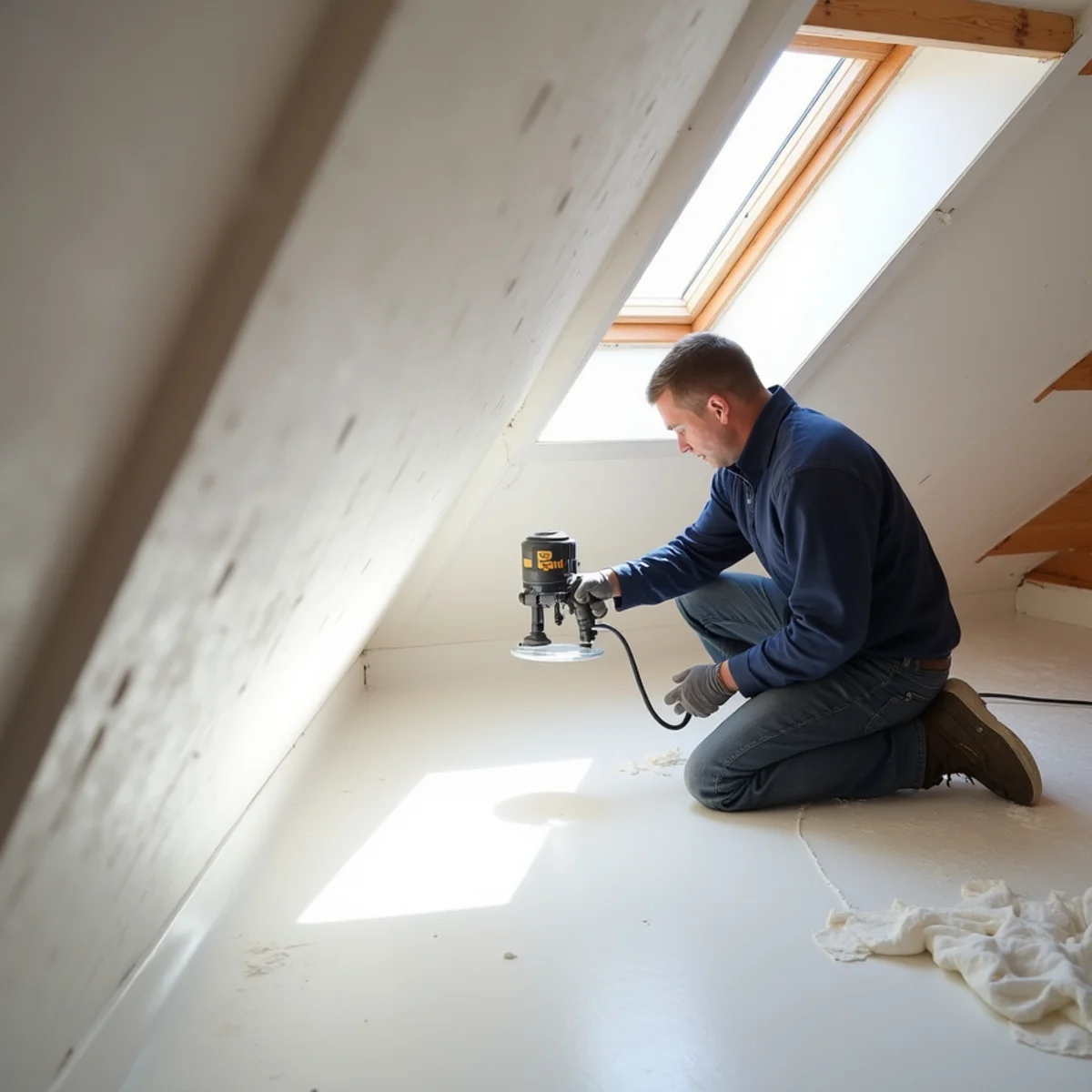 Airless paint sprayer applying opaque white shellac encapsulant across exposed attic rafters